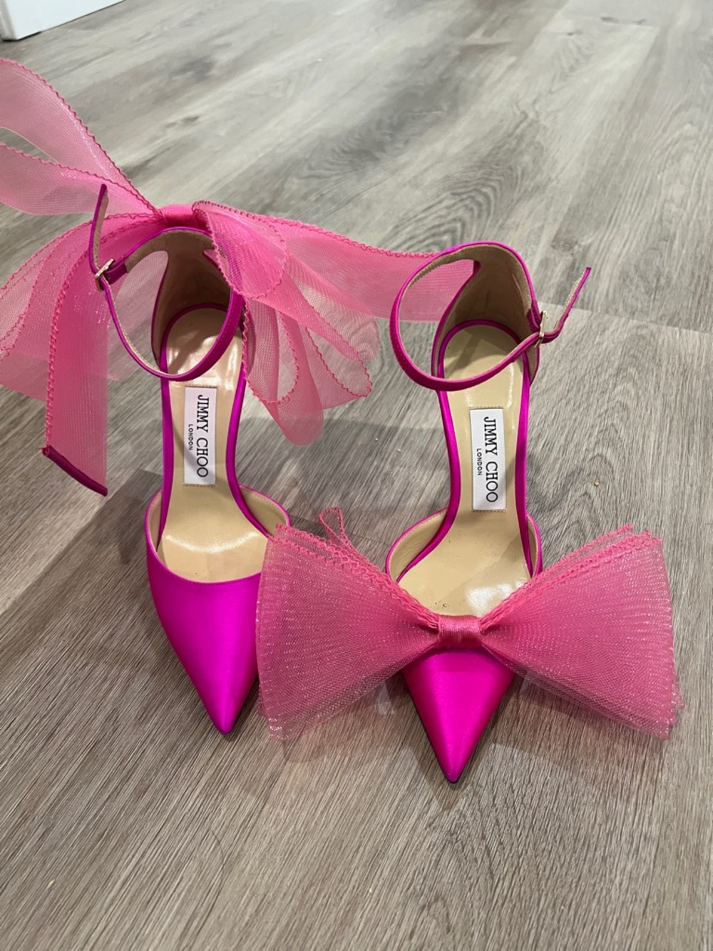 Jimmy Choo Hot Pink Satin Pointed-Toe Tulle Bow Ankle-Strap Pumps - Picture 5 of 7